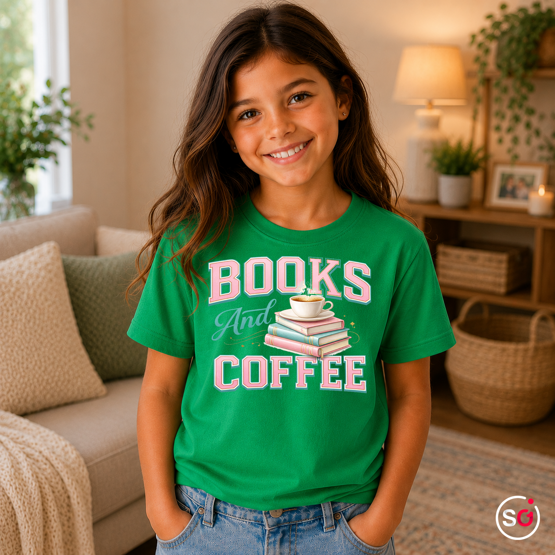 Kinder KellyGrün – Kinder T-Shirt "Books & Coffee" – Süßes Motiv für kleine Leseratten