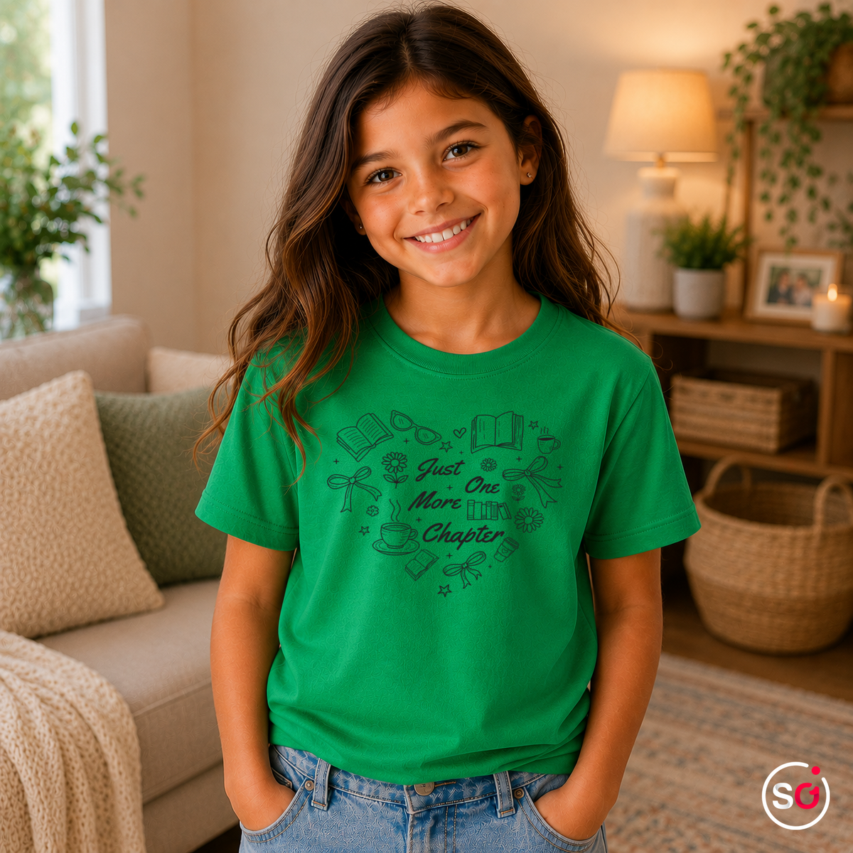 Kinder KellyGrün – Kinder T-Shirt mit „Just One More Chapter“ Spruch und Bücher-Herz Motiv für Leseratten
