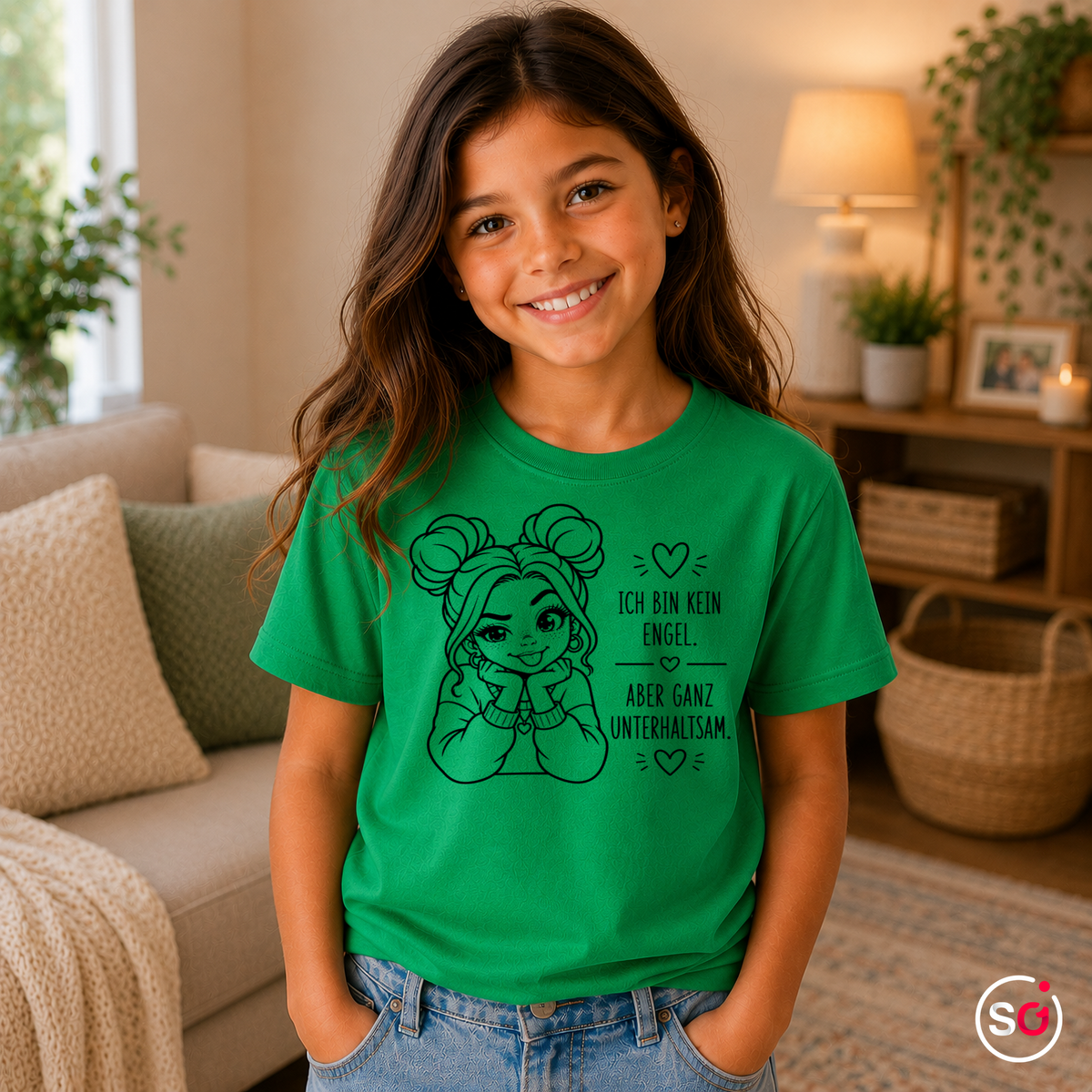 Kinder KellyGrün – Kinder T-Shirt 'Kein Engel aber unterhaltsam' mit süßem Comic-Mädchen
