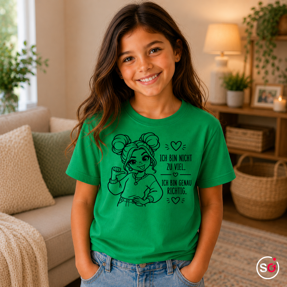 Kinder KellyGrün – Kinder T-Shirt mit Spruch 'Ich bin genau richtig' | Selbstbewusstes Mädchen Design