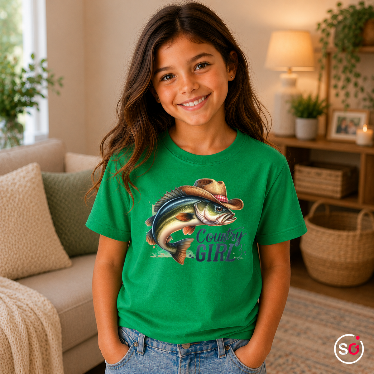 Kinder KellyGrün – Kinder T-Shirt 'Country Girl' mit coolem Fisch im Cowboyhut | Angler- & Western-Design für Mädchen