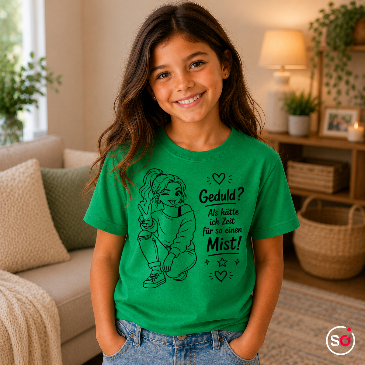 Kinder KellyGrün – Kinder T-Shirt 'Geduld? Mist!' – Freches Mädchen Design mit coolem Spruch