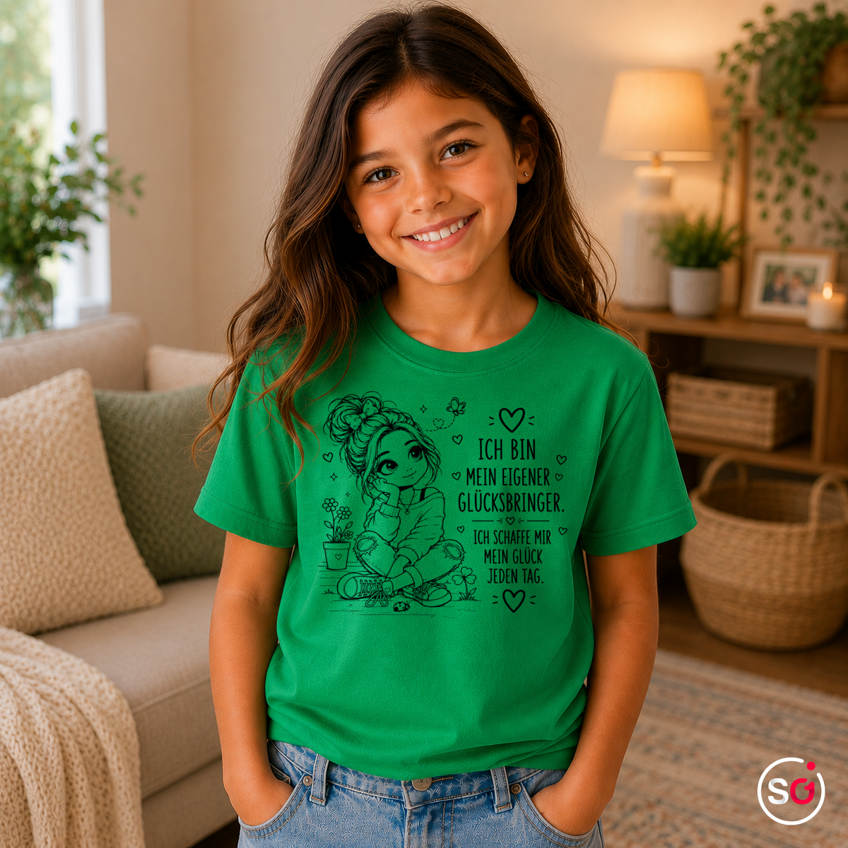 Kinder KellyGrün – Kinder T-Shirt 'Mein eigener Glücksbringer' | Motivations-Spruch & süße Zeichnung