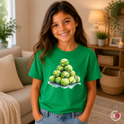 Kinder KellyGrün – Kinder T-Shirt mit Tennisball-Weihnachtsbaum & Lichterkette