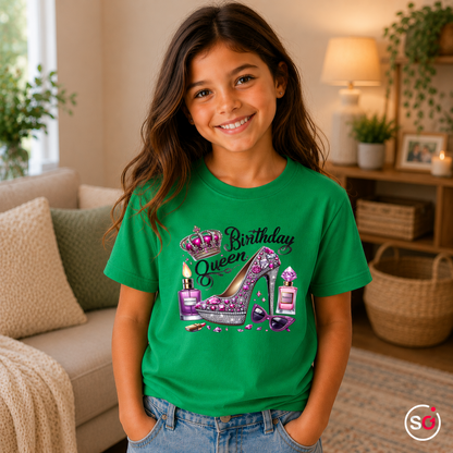 Kinder KellyGrün – Kinder T-Shirt 'Birthday Queen' mit Glitzer High Heel & Krone