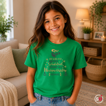 Kinder KellyGrün – Kinder T-Shirt Weihnachten: Heiße Schokolade & Weihnachtsfilme Spruch