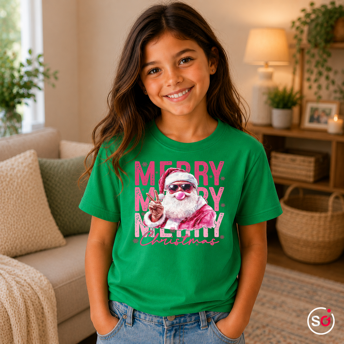 Kinder KellyGrün – Kinder T-Shirt mit coolem Weihnachtsmann | Santa mit Kaugummi-Blase & Peace-Zeichen in Pink