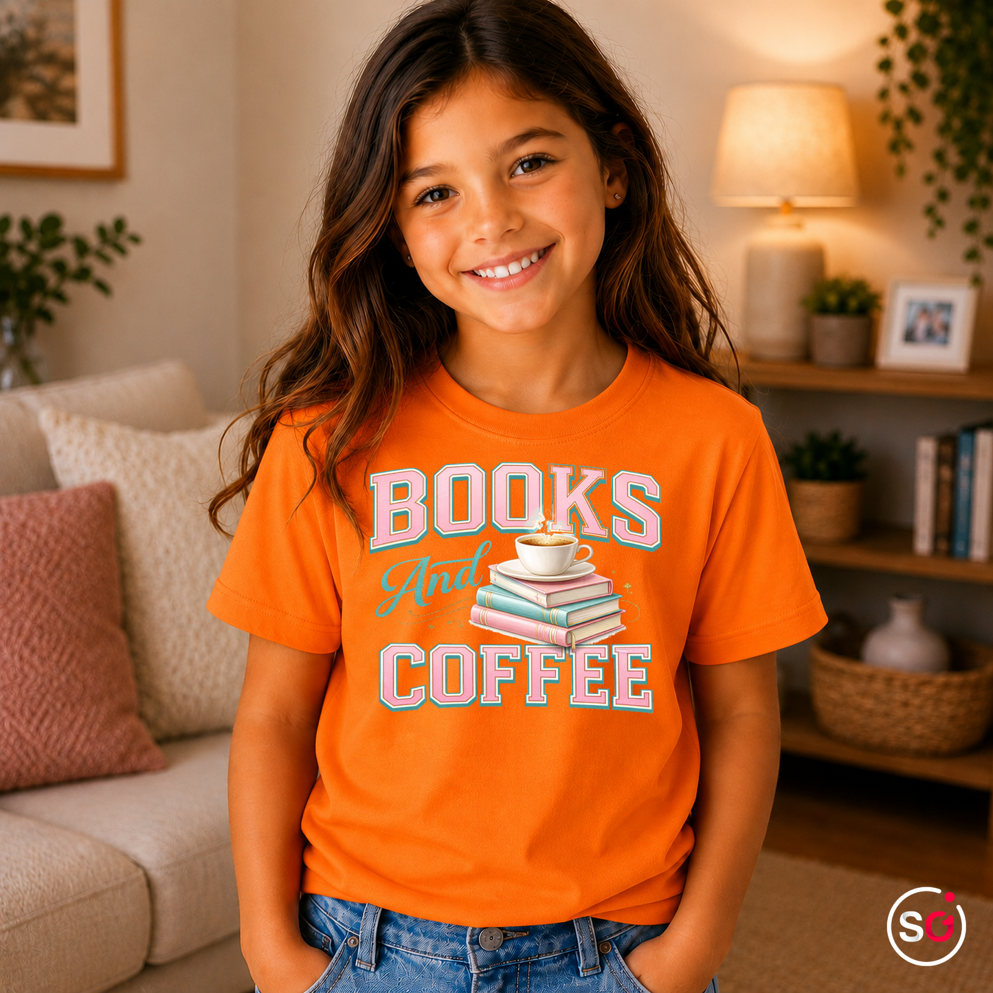Kinder Orange – Kinder T-Shirt "Books & Coffee" – Süßes Motiv für kleine Leseratten