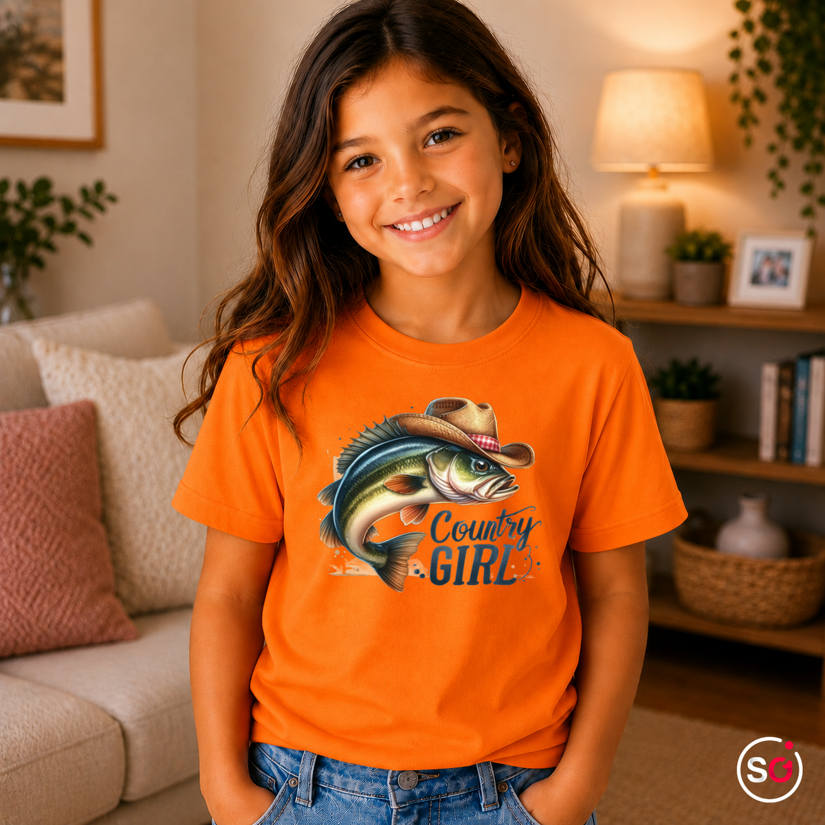 Kinder Orange – Kinder T-Shirt 'Country Girl' mit coolem Fisch im Cowboyhut | Angler- & Western-Design für Mädchen