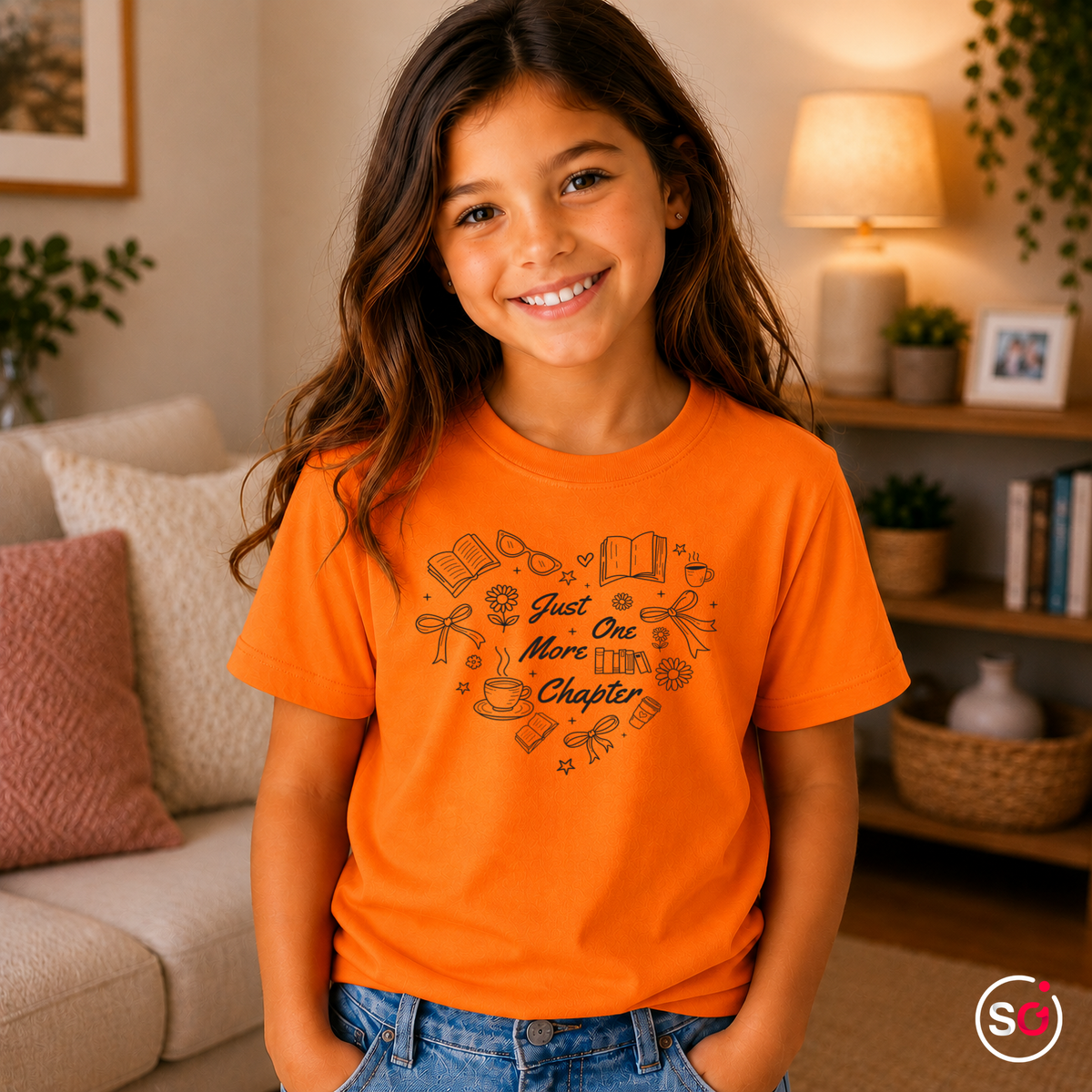 Kinder Orange – Kinder T-Shirt mit „Just One More Chapter“ Spruch und Bücher-Herz Motiv für Leseratten