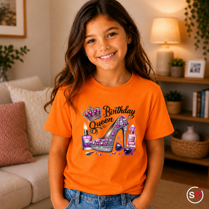 Kinder Orange – Kinder T-Shirt 'Birthday Queen' mit Glitzer High Heel & Krone