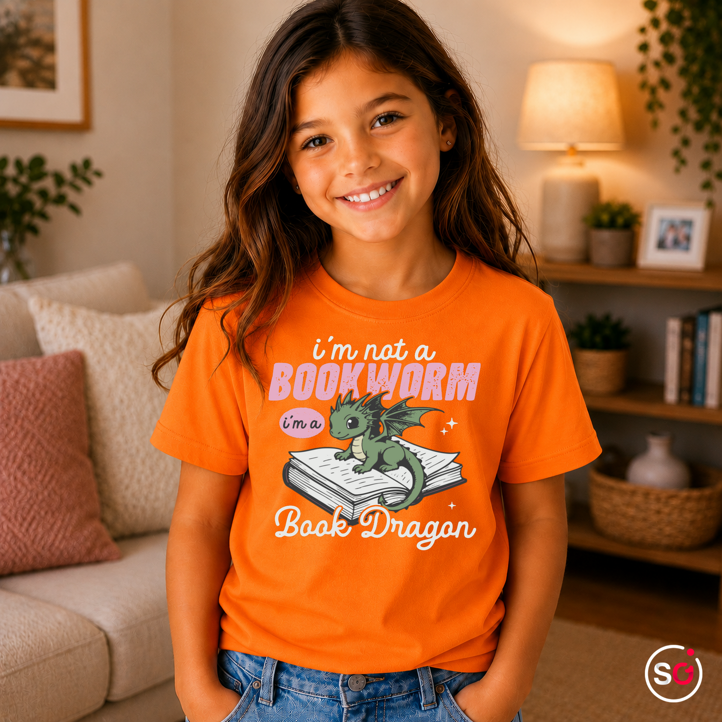 Kinder Orange – Kinder T-Shirt: 'I'm not a Bookworm, I'm a Book Dragon' – Süßer Lesedrachen Motiv