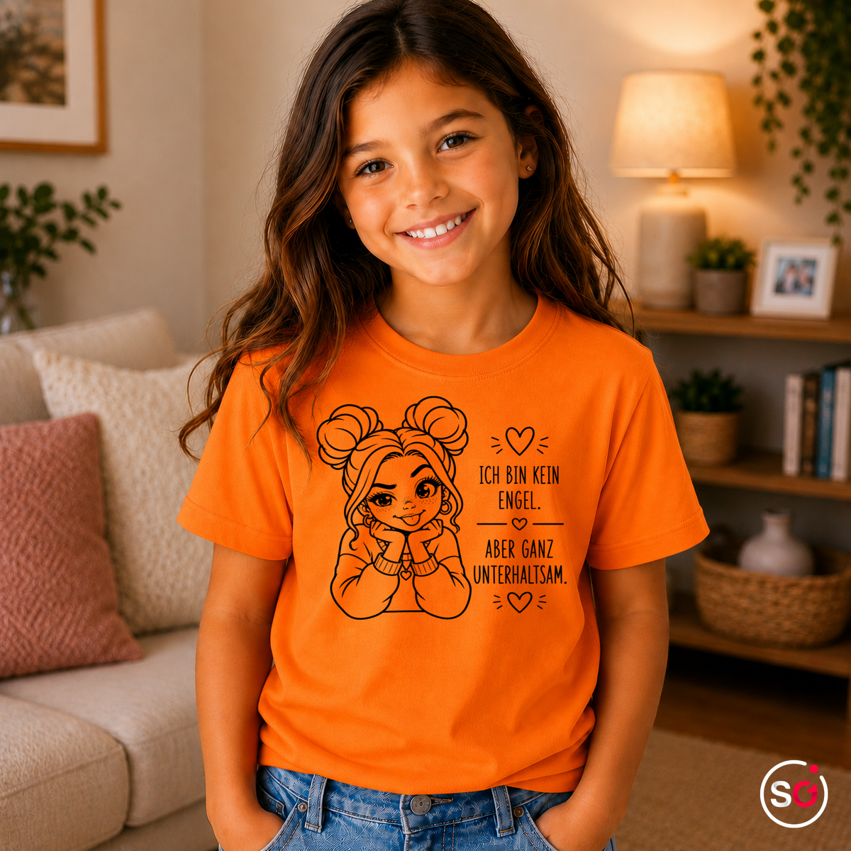 Kinder Orange – Kinder T-Shirt 'Kein Engel aber unterhaltsam' mit süßem Comic-Mädchen