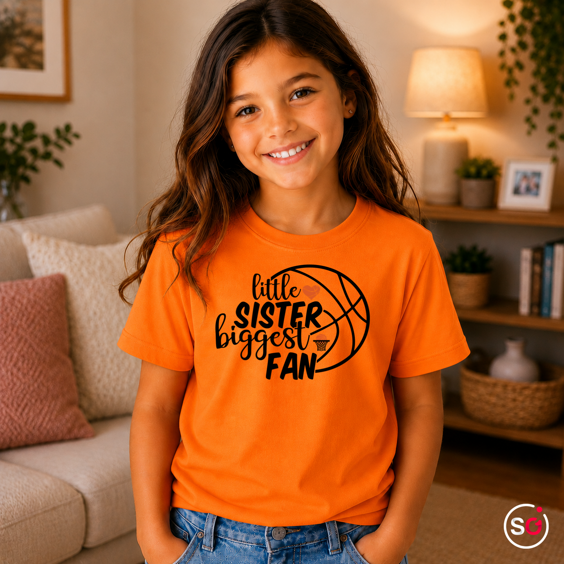 Kinder Orange – Kinder T-Shirt mit Basketball-Spruch 'little SISTER biggest FAN'