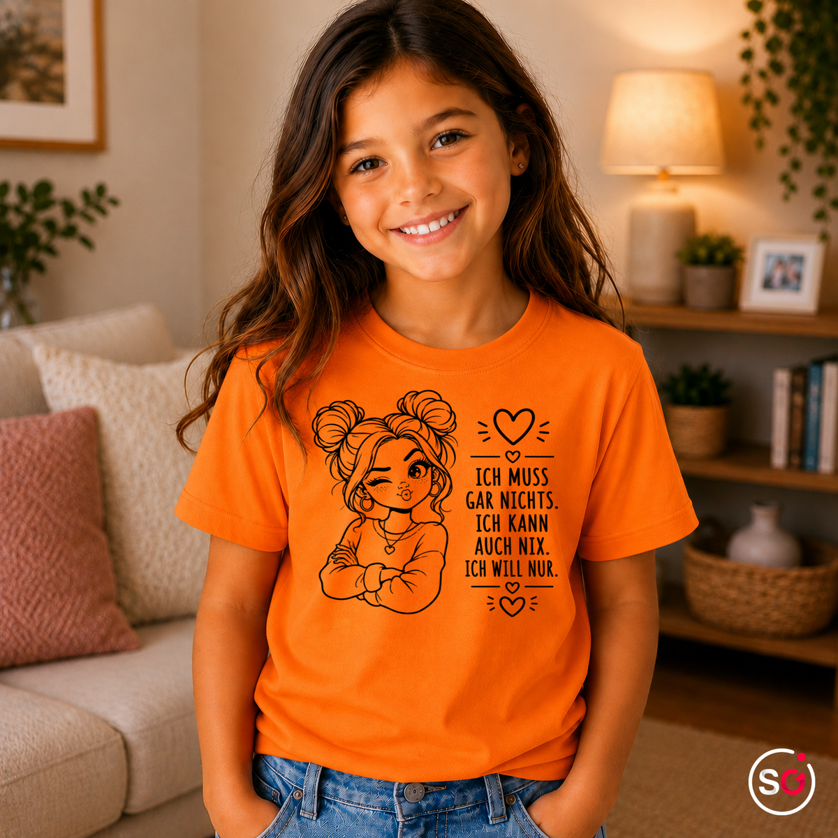 Kinder Orange – Kinder T-Shirt "Ich muss gar nichts" | Süßes Mädchen mit Zöpfen & frechem Spruch