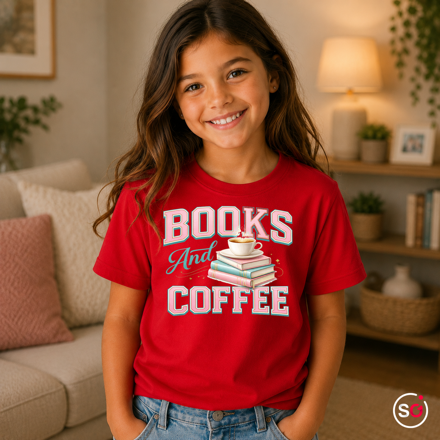 Kinder Rot – Kinder T-Shirt "Books & Coffee" – Süßes Motiv für kleine Leseratten