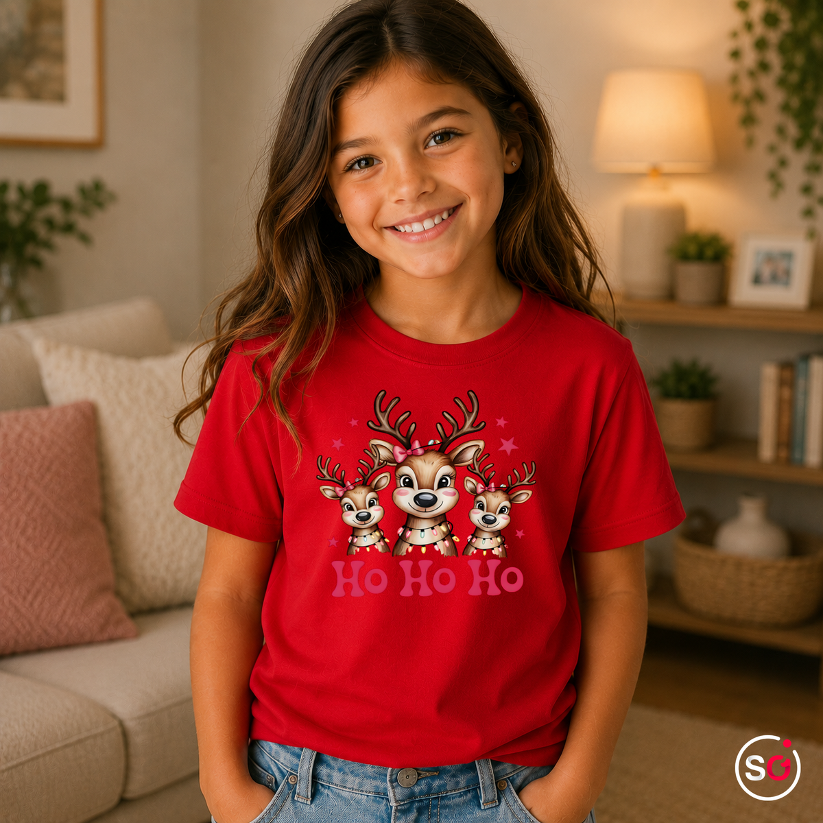 Kinder Rot – Kinder T-Shirt mit süßer Rentier-Familie und 'Ho Ho Ho' Schriftzug