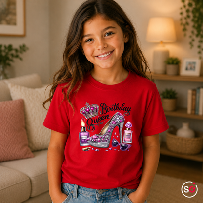 Kinder Rot – Kinder T-Shirt 'Birthday Queen' mit Glitzer High Heel & Krone