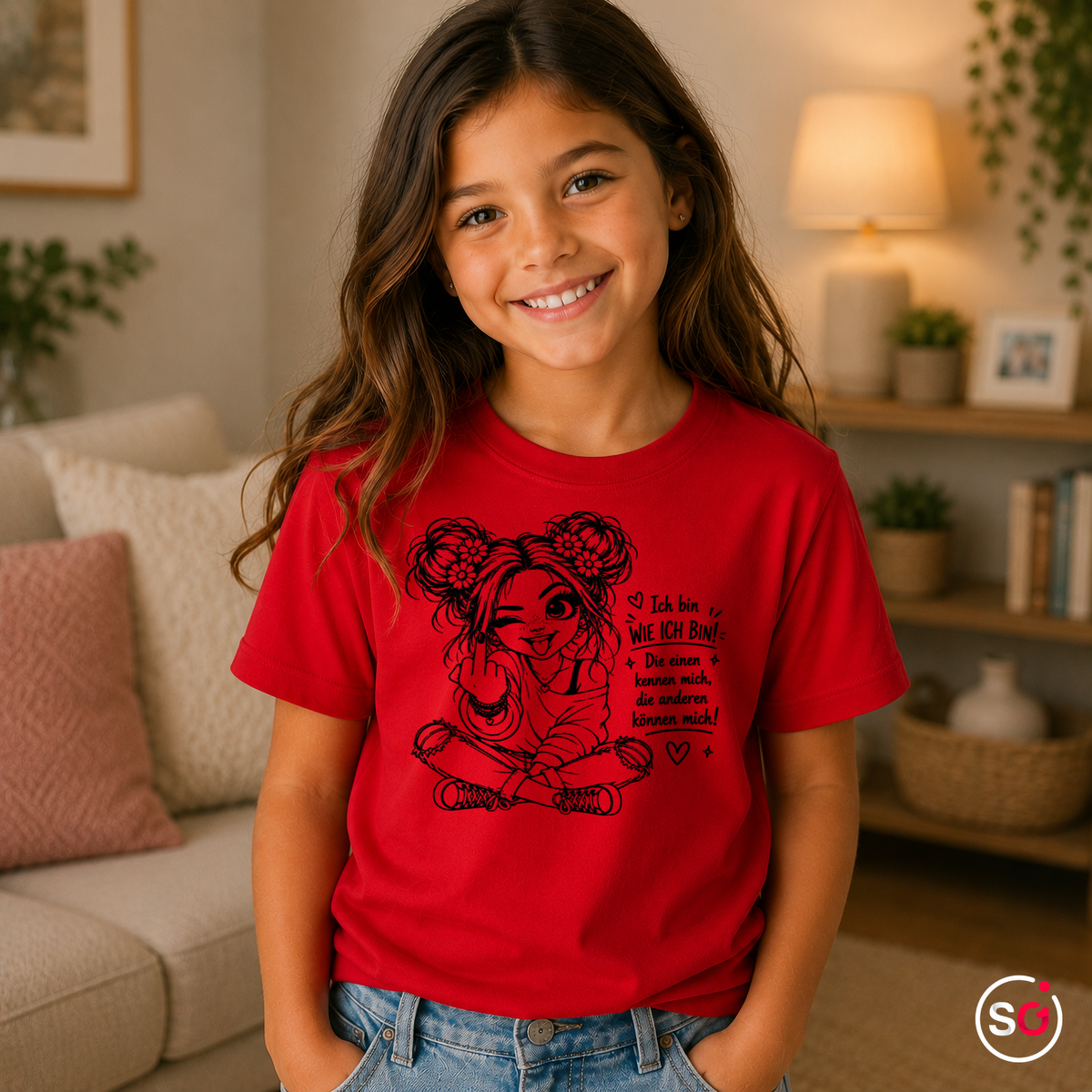 Kinder Rot – Kinder T-Shirt mit frechem Mädchen-Motiv & Spruch 'Ich bin wie ich bin'
