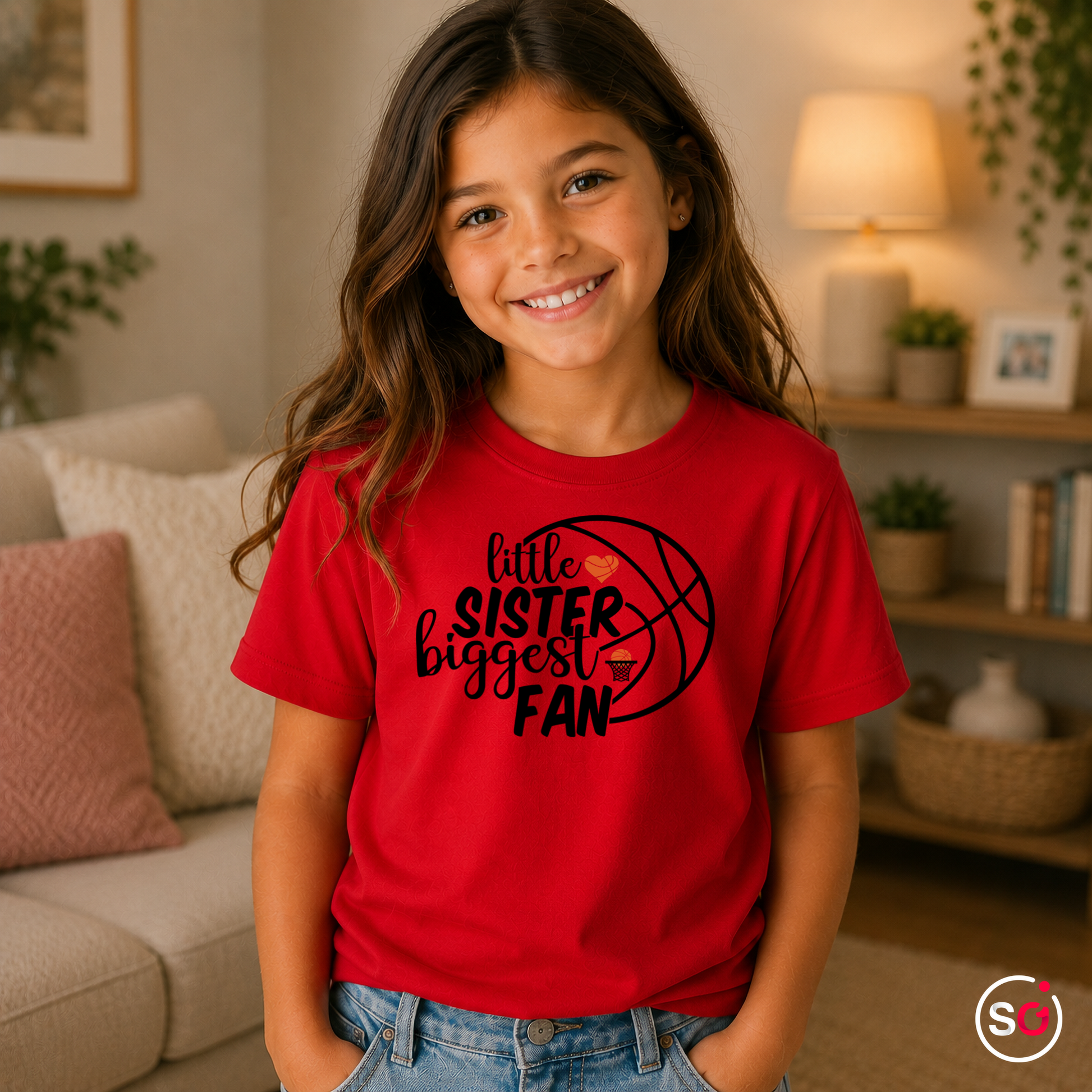 Kinder Rot – Kinder T-Shirt mit Basketball-Spruch 'little SISTER biggest FAN'