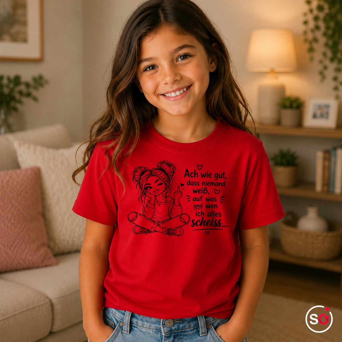 Kinder Rot – Kinder T-Shirt mit frechem Mädchen-Motiv | Spruch 'Ach wie gut, dass niemand weiß...'