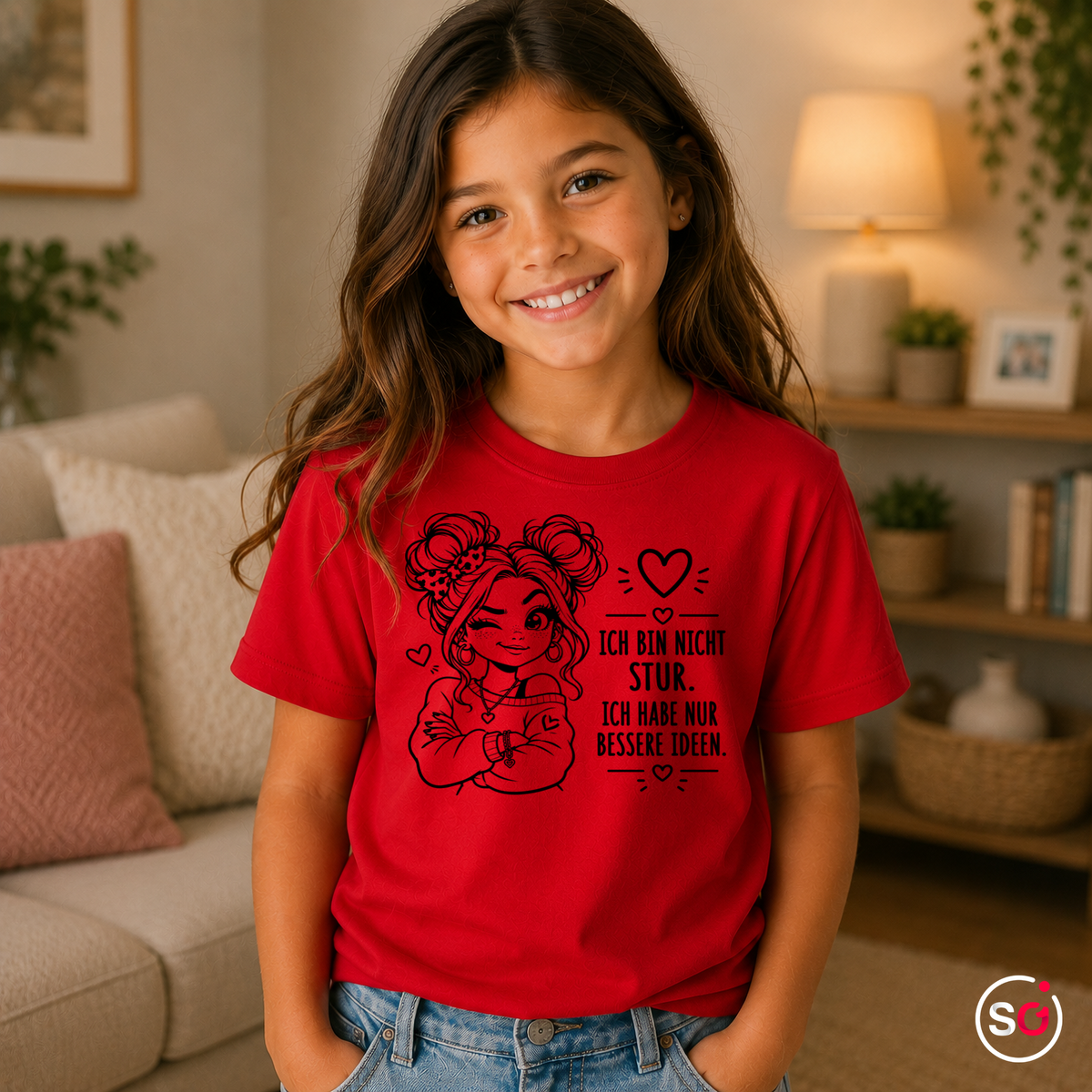 Kinder Rot – Kinder T-Shirt 'Ich bin nicht stur, ich habe nur bessere Ideen' mit coolem Mädchen-Motiv