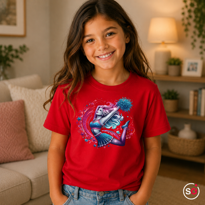 Kinder Rot – Kinder T-Shirt mit Galaktischer Cheerleaderin im Sprung & Glitzer-Sternen