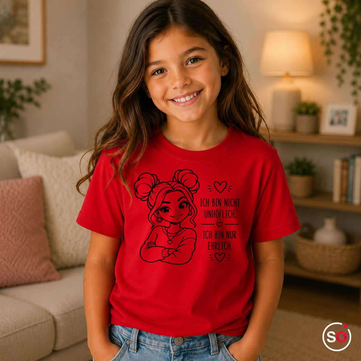Kinder Rot – Kinder T-Shirt mit frechem Spruch „Ich bin nur ehrlich“ und coolem Mädchen-Motiv