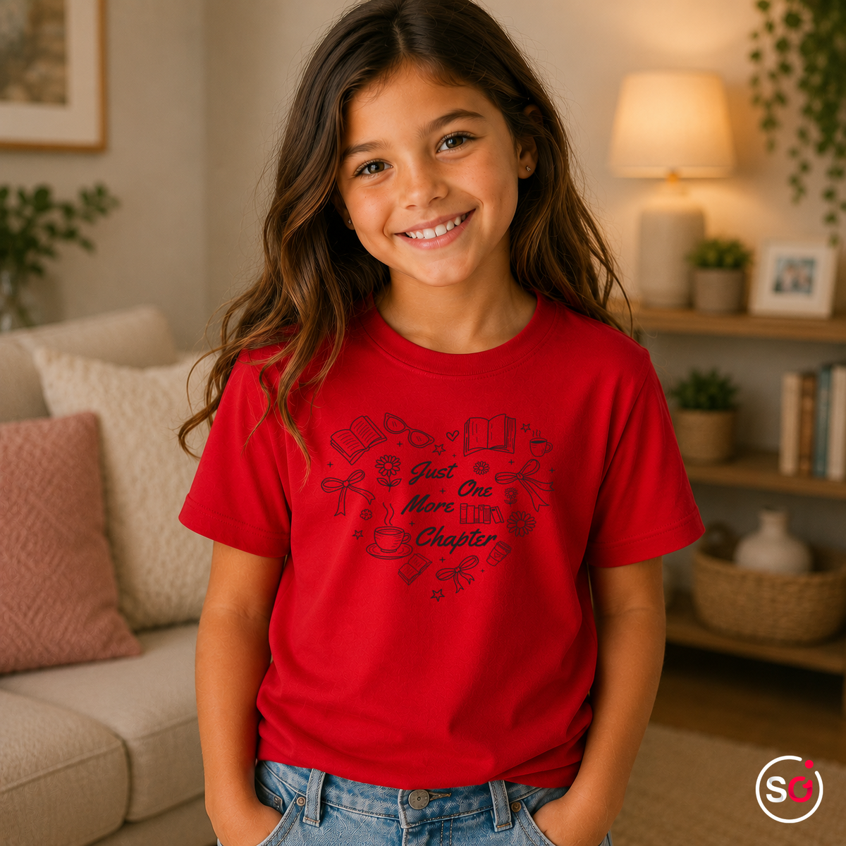 Kinder Rot – Kinder T-Shirt mit „Just One More Chapter“ Spruch und Bücher-Herz Motiv für Leseratten