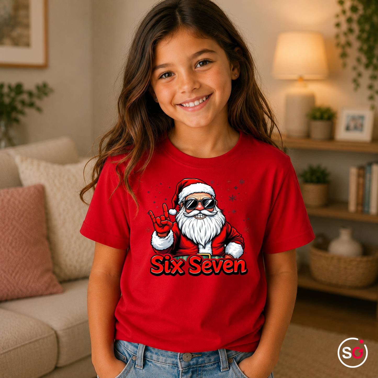 Kinder Rot – Kinder T-Shirt mit coolem Rockstar Weihnachtsmann und Spruch „Six Seven“