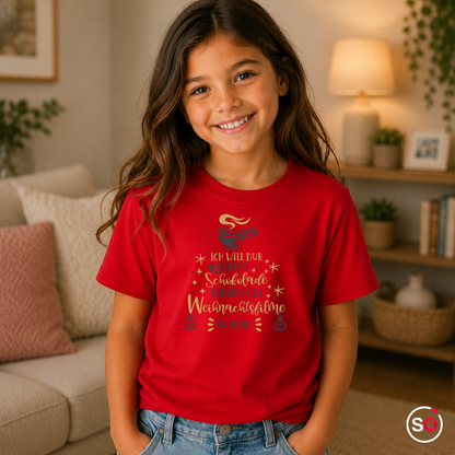 Kinder Rot – Kinder T-Shirt Weihnachten: Heiße Schokolade & Weihnachtsfilme Spruch