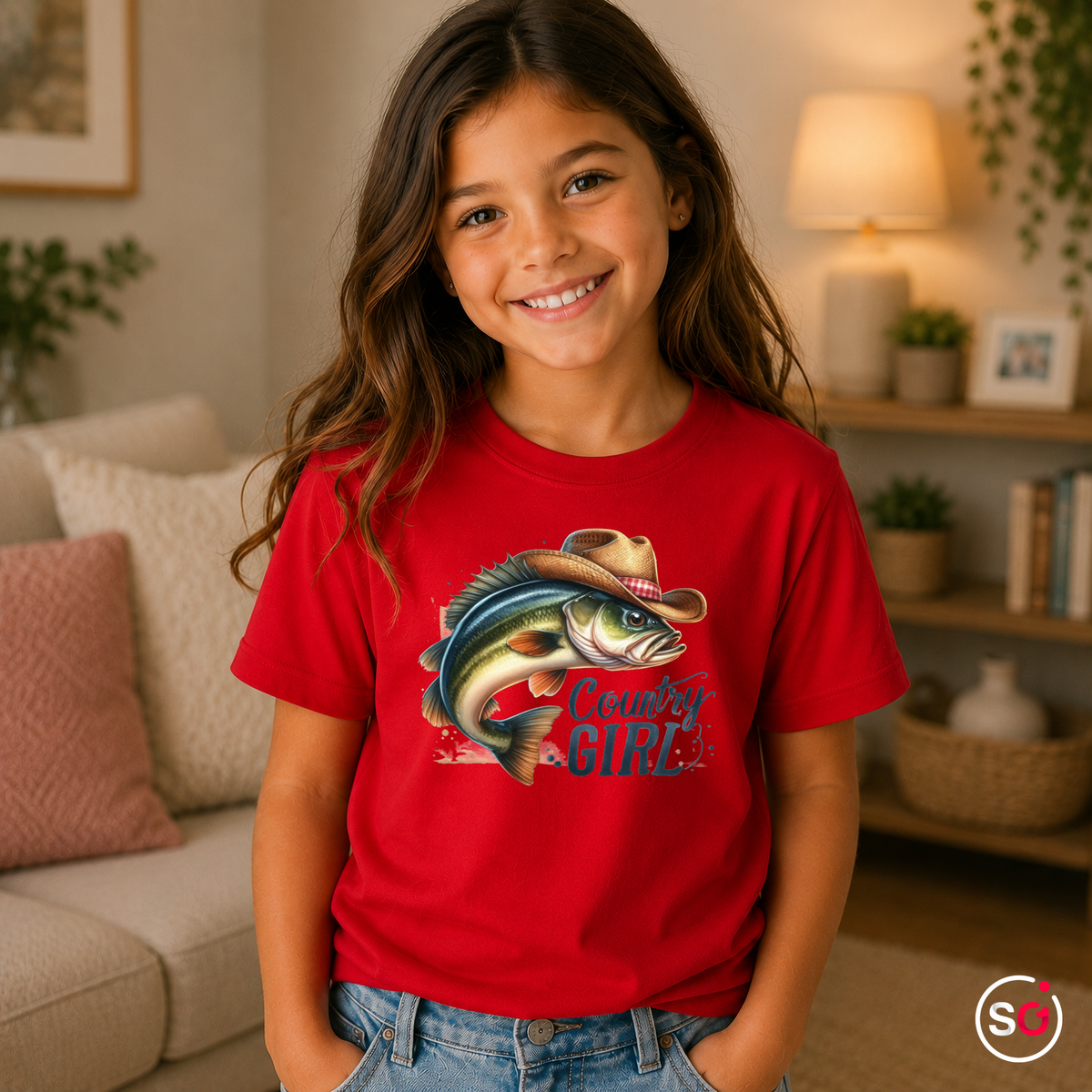 Kinder Rot – Kinder T-Shirt 'Country Girl' mit coolem Fisch im Cowboyhut | Angler- & Western-Design für Mädchen
