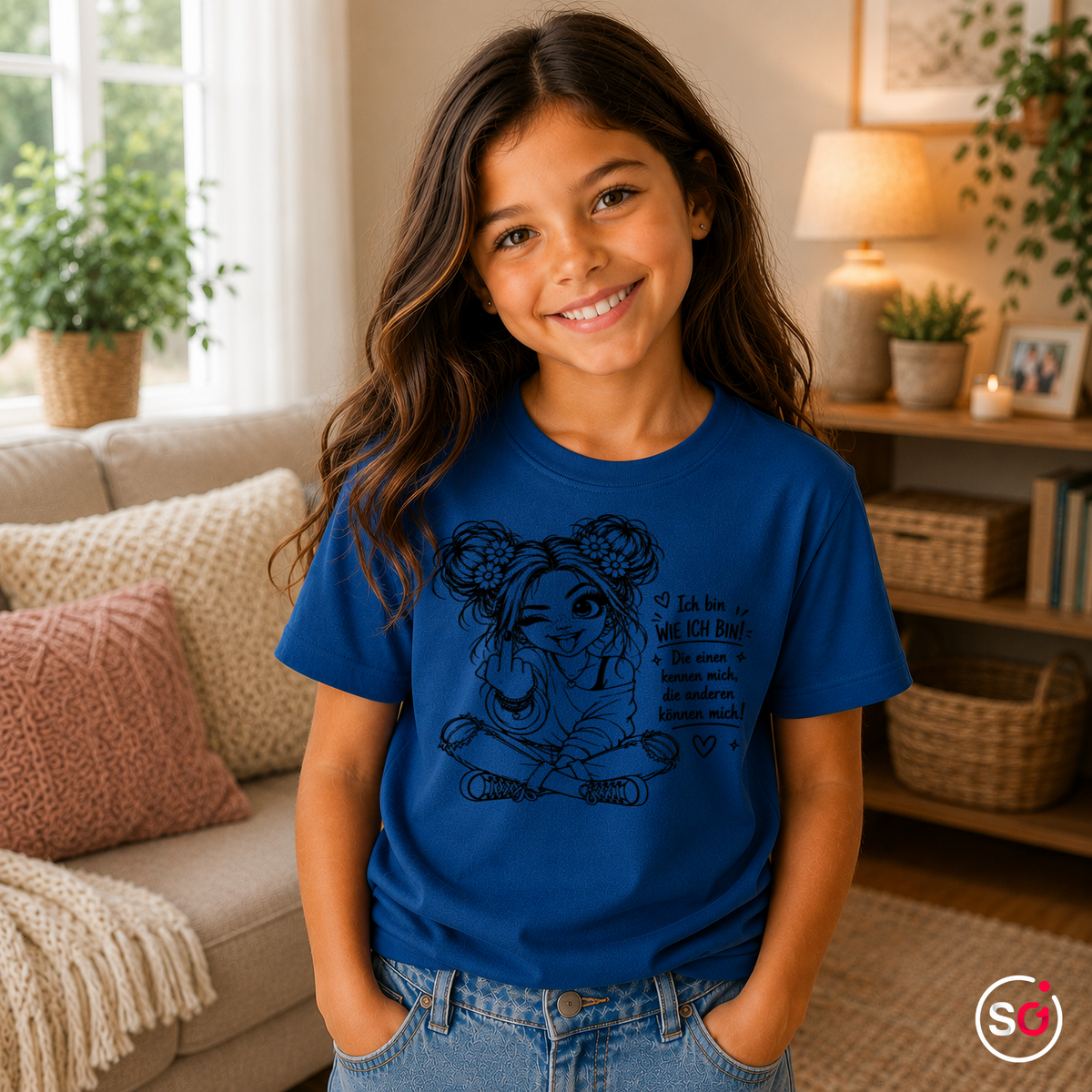 Kinder RoyalBlau – Kinder T-Shirt mit frechem Mädchen-Motiv & Spruch 'Ich bin wie ich bin'