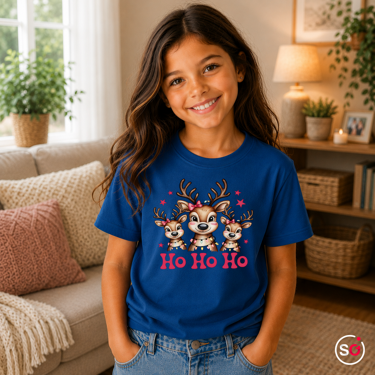 Kinder RoyalBlau – Kinder T-Shirt mit süßer Rentier-Familie und 'Ho Ho Ho' Schriftzug