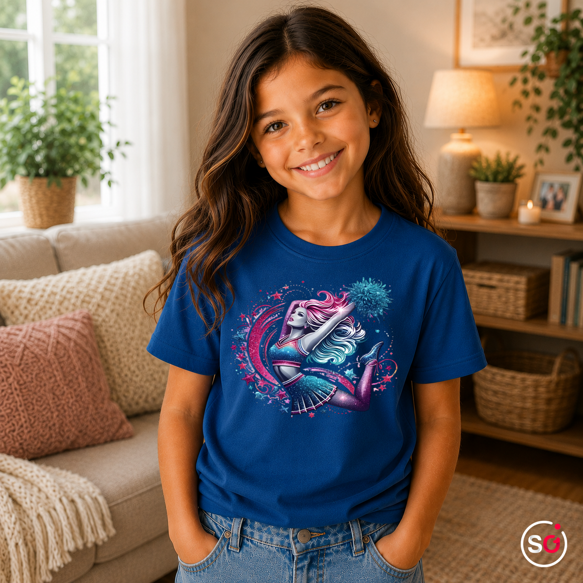 Kinder RoyalBlau – Kinder T-Shirt mit Galaktischer Cheerleaderin im Sprung & Glitzer-Sternen