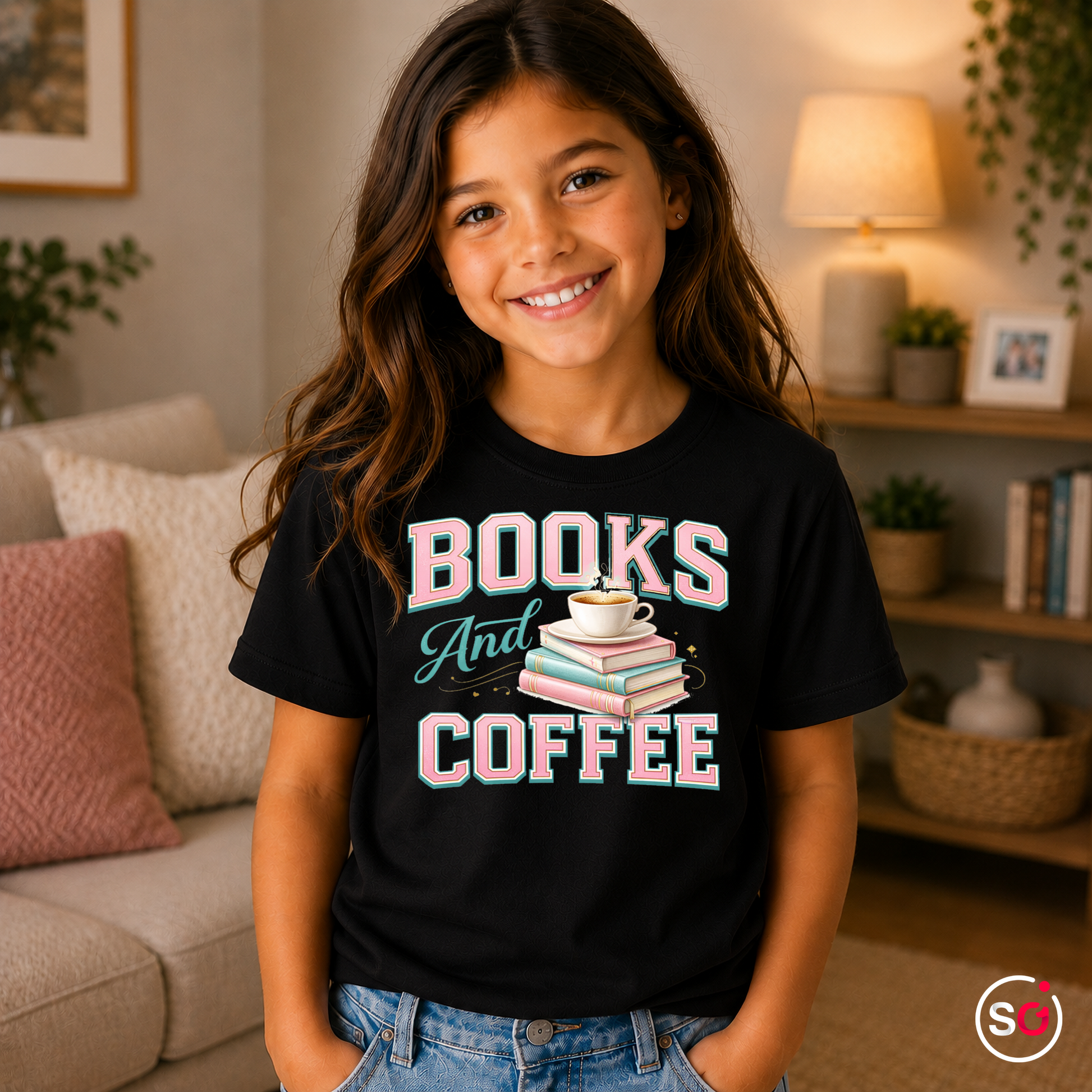 Kinder Schwarz – Kinder T-Shirt "Books & Coffee" – Süßes Motiv für kleine Leseratten