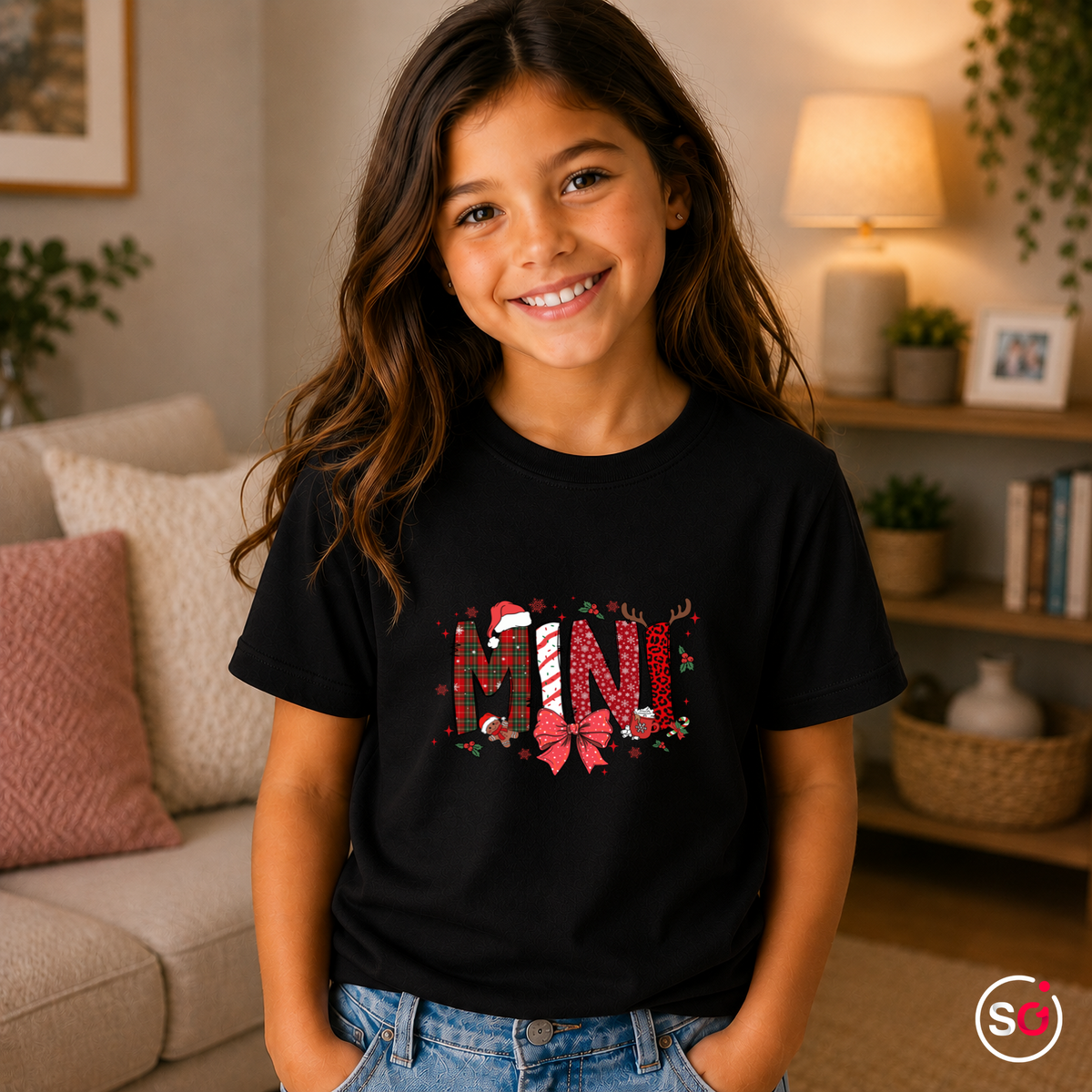 Kinder Schwarz – Kinder Weihnachts-T-Shirt 'MINI' mit Zuckerstange, Rentier & Karo-Muster