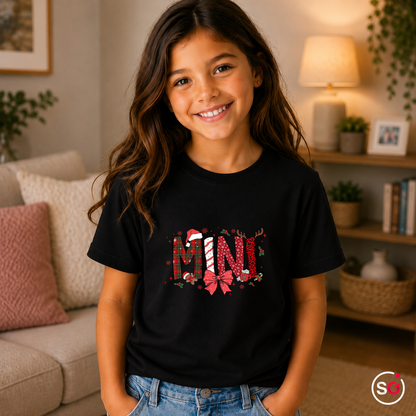 Kinder Schwarz – Kinder Weihnachts-T-Shirt 'MINI' mit Zuckerstange, Rentier & Karo-Muster