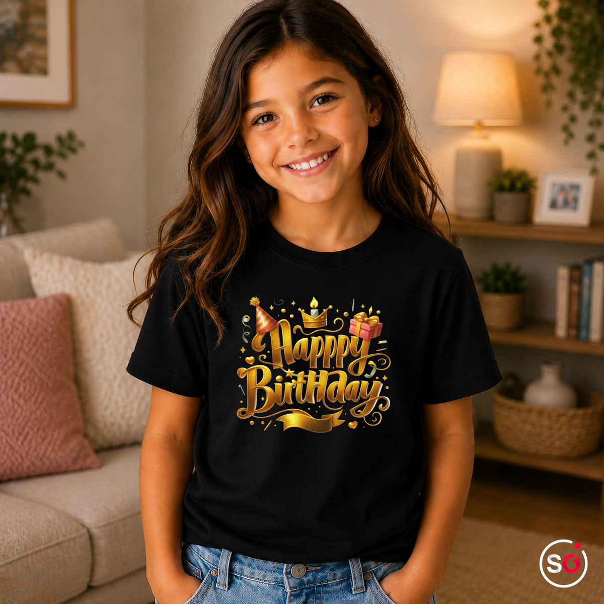 Kinder Schwarz – Kinder T-Shirt Happy Birthday – Goldener 3D Schriftzug mit Krone, Partyhut & Geschenk Motiv