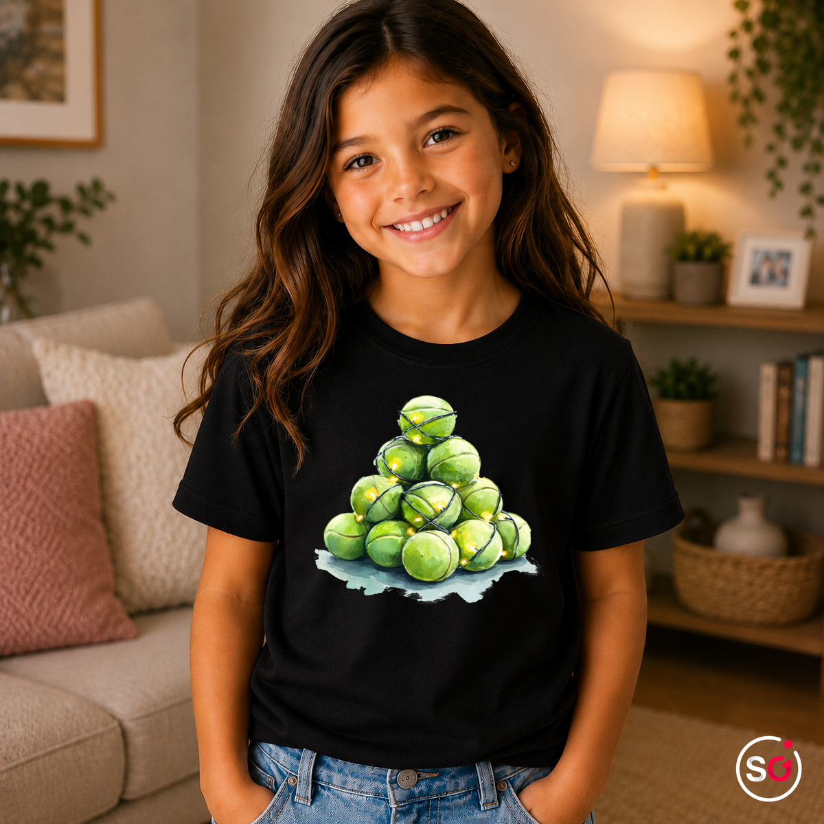Kinder Schwarz – Kinder T-Shirt mit Tennisball-Weihnachtsbaum & Lichterkette