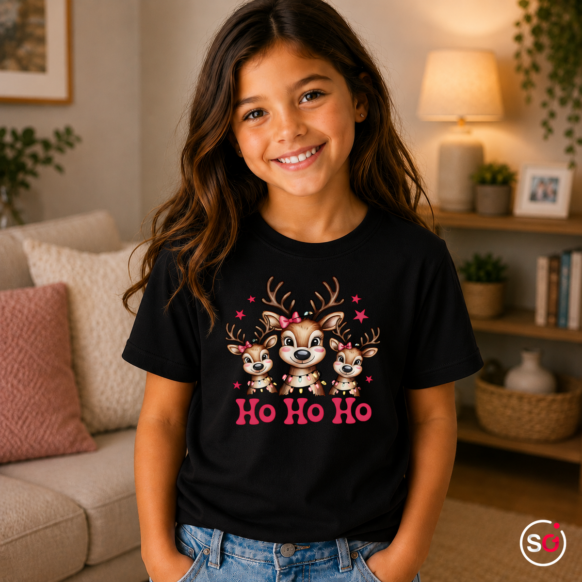 Kinder Schwarz – Kinder T-Shirt mit süßer Rentier-Familie und 'Ho Ho Ho' Schriftzug