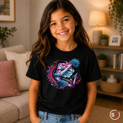 Kinder Schwarz – Kinder T-Shirt mit Galaktischer Cheerleaderin im Sprung & Glitzer-Sternen