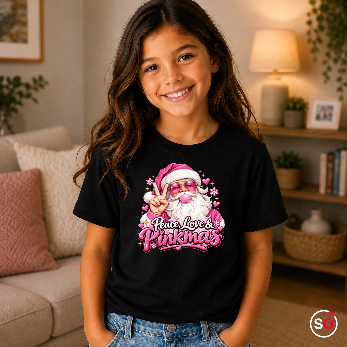 Kinder Schwarz – Kinder T-Shirt mit Pinkmas Weihnachtsmann Motiv | Peace, Love & Pinkmas