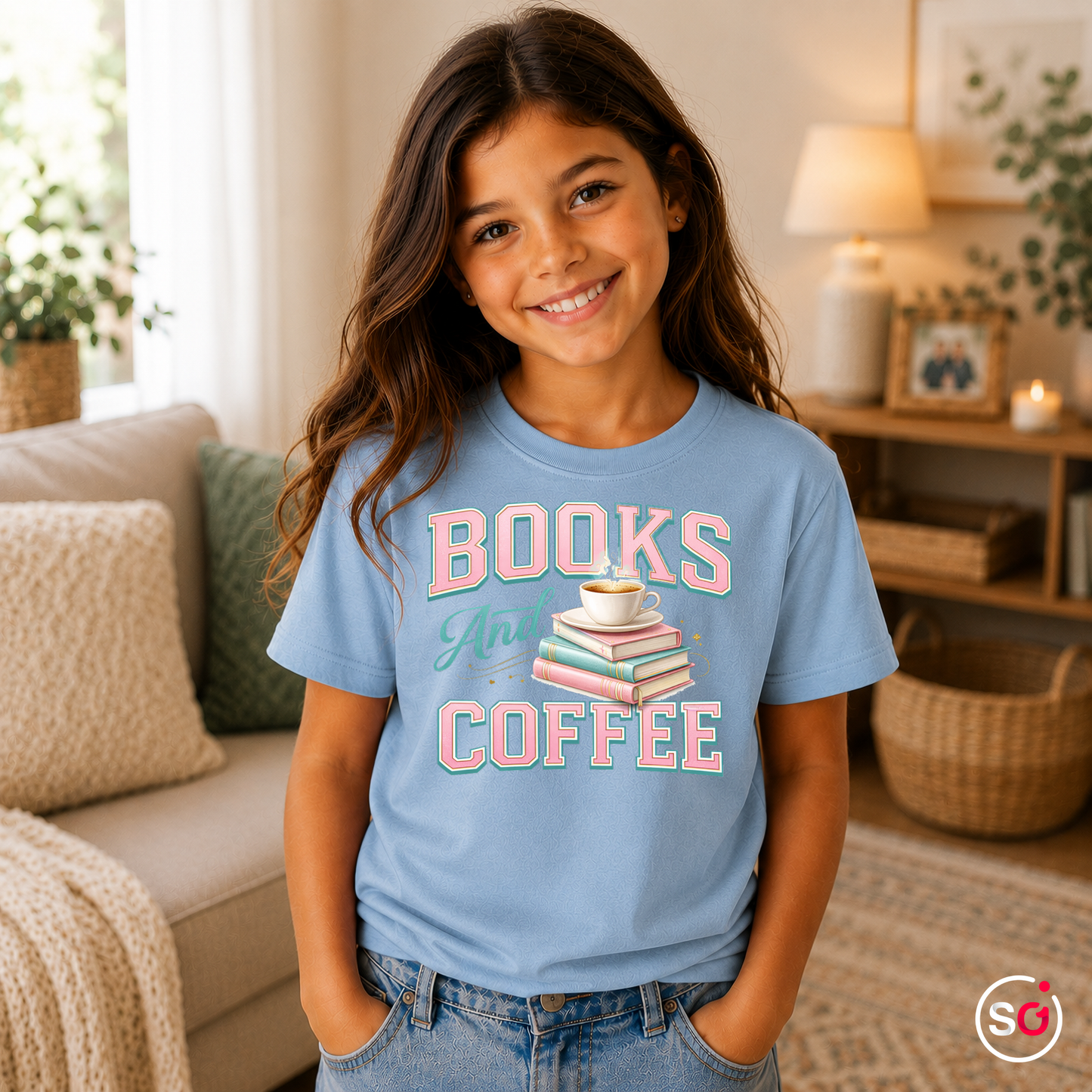 Kinder SkyBlau – Kinder T-Shirt "Books & Coffee" – Süßes Motiv für kleine Leseratten