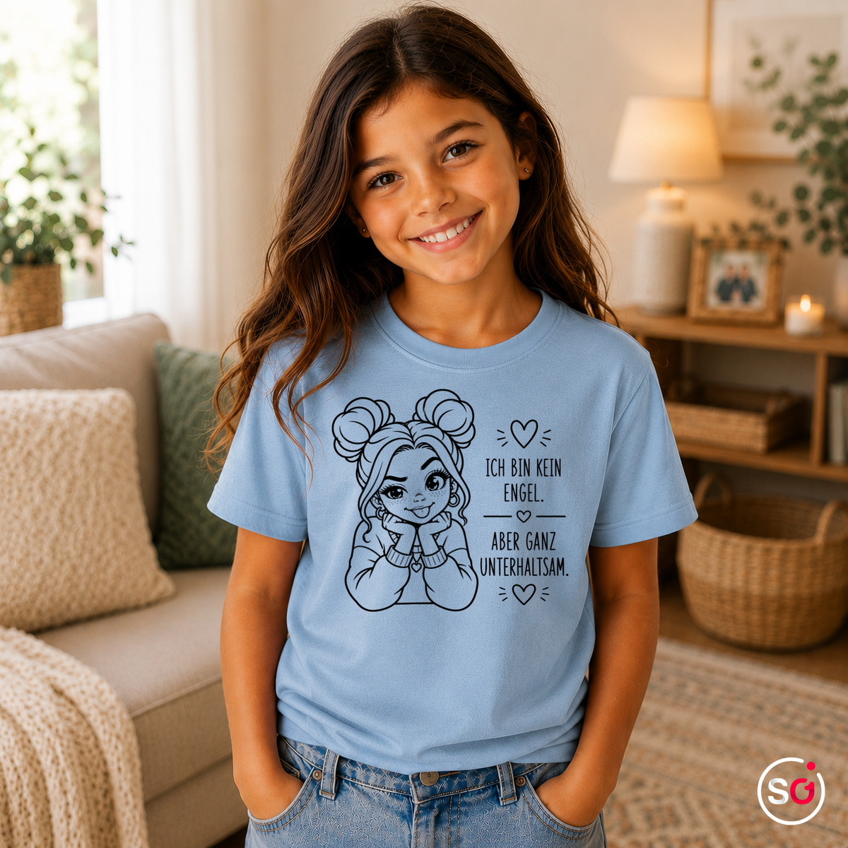 Kinder SkyBlau – Kinder T-Shirt 'Kein Engel aber unterhaltsam' mit süßem Comic-Mädchen