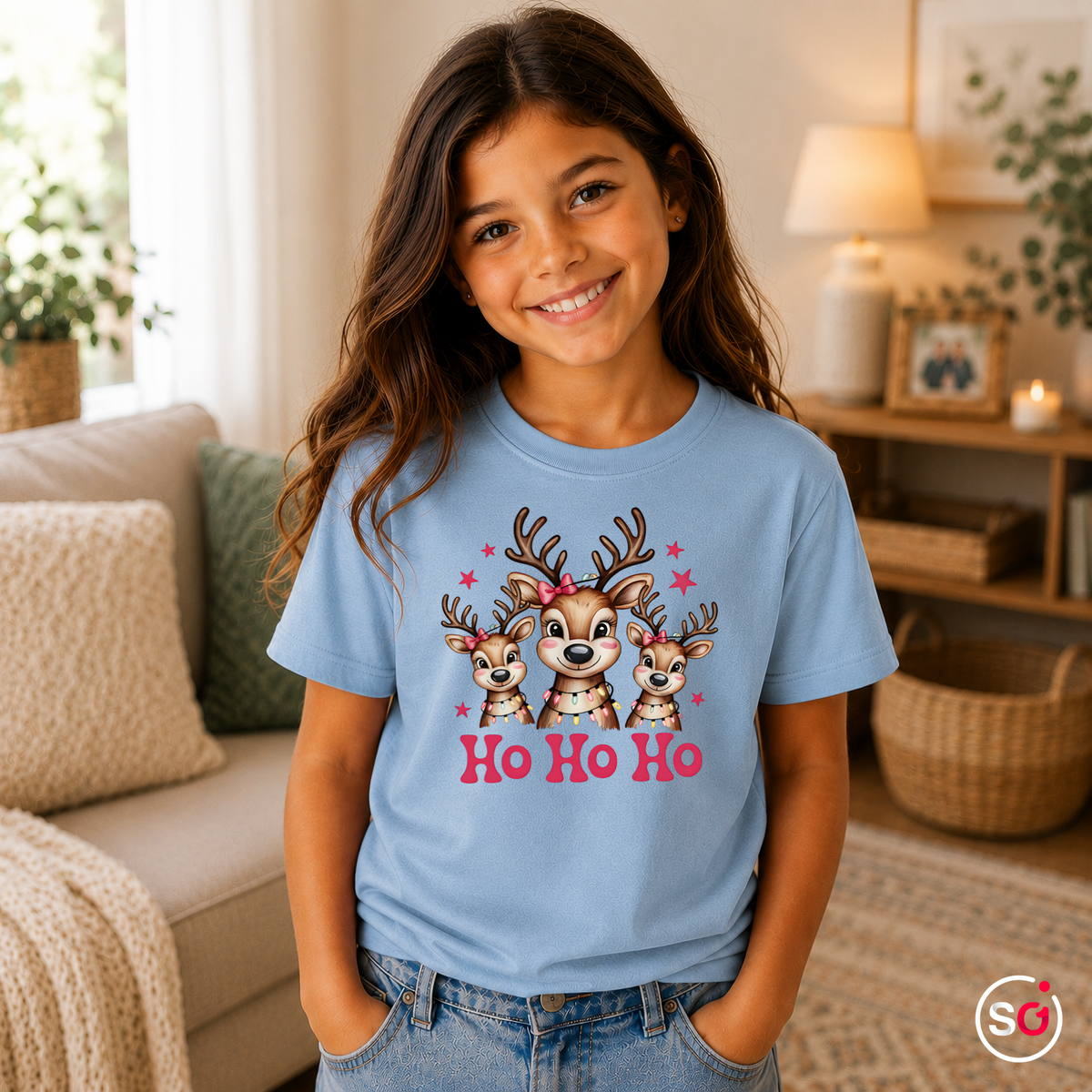 Kinder SkyBlau – Kinder T-Shirt mit süßer Rentier-Familie und 'Ho Ho Ho' Schriftzug