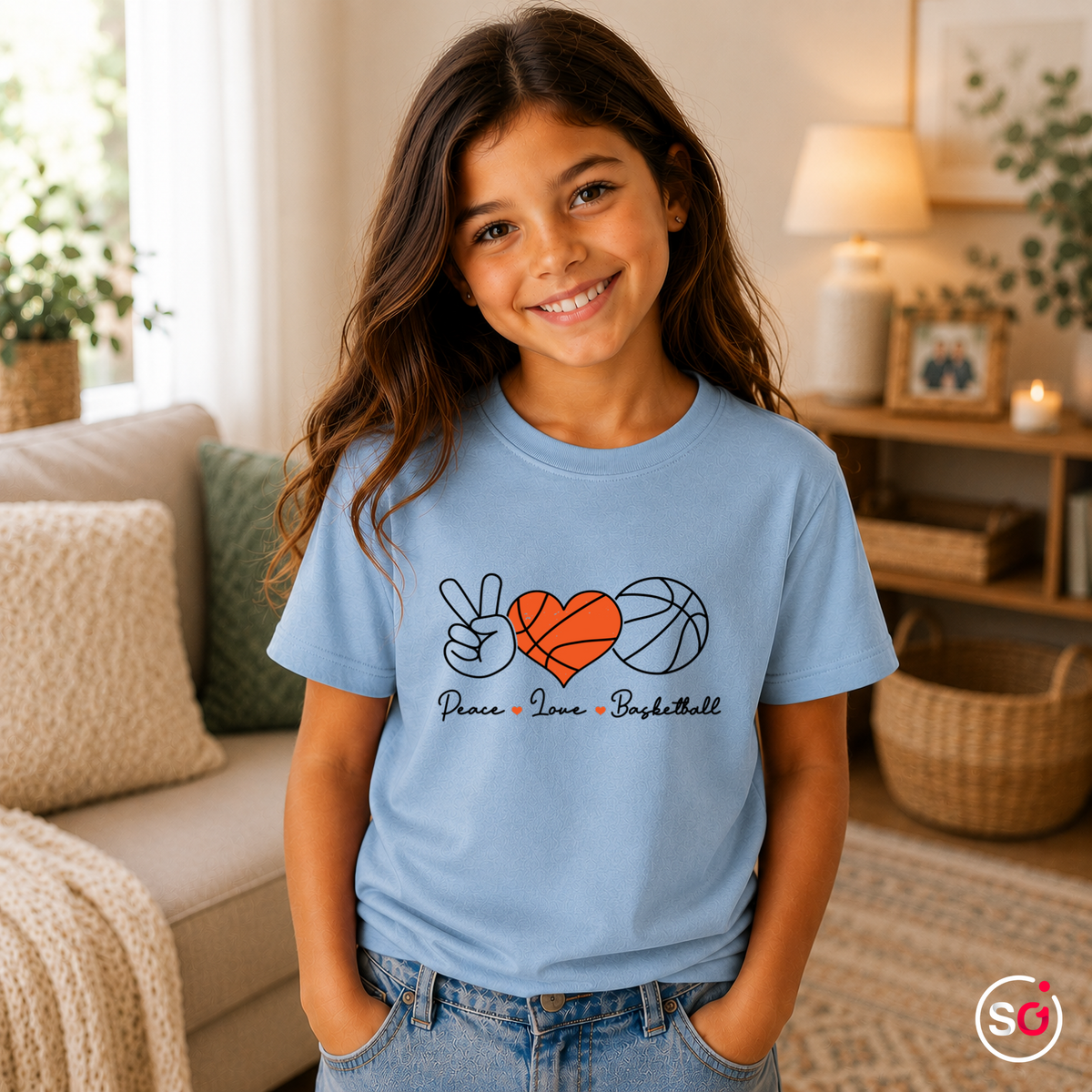 Kinder SkyBlau – Kinder T-Shirt mit Peace, Love & Basketball Motiv | Sportliches Design für junge Ballkünstler