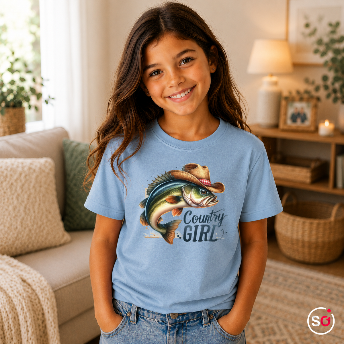 Kinder SkyBlau – Kinder T-Shirt 'Country Girl' mit coolem Fisch im Cowboyhut | Angler- & Western-Design für Mädchen