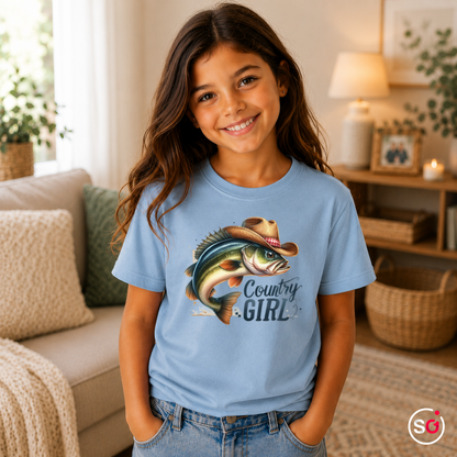 Kinder SkyBlau – Kinder T-Shirt 'Country Girl' mit coolem Fisch im Cowboyhut | Angler- & Western-Design für Mädchen