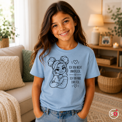 Kinder SkyBlau – Kinder T-Shirt mit frechem Spruch „Ich bin nur ehrlich“ und coolem Mädchen-Motiv